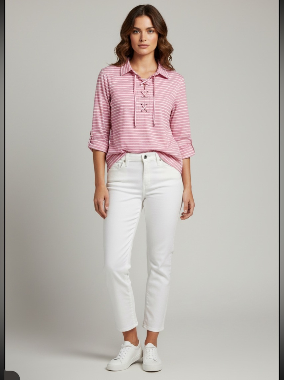 Anne Klein Pink and White Striped Lace-Up Collared Blouse